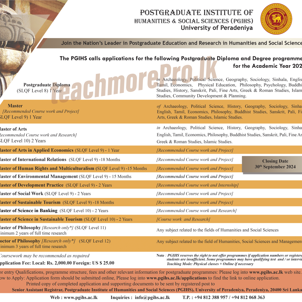 ADMISSION TO POSTGRADUATE DEGREE PROGRAMMES - 2025 at PGIHS