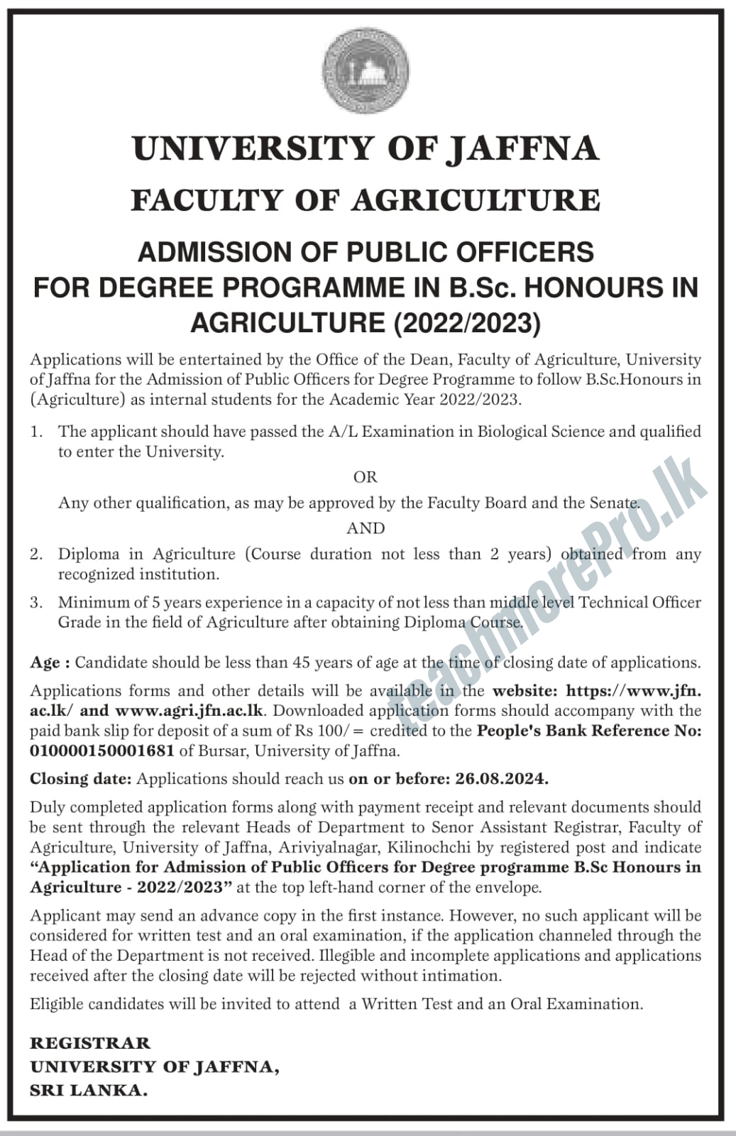 Applications for B.Sc. Honours in Agriculture for Public Officers 