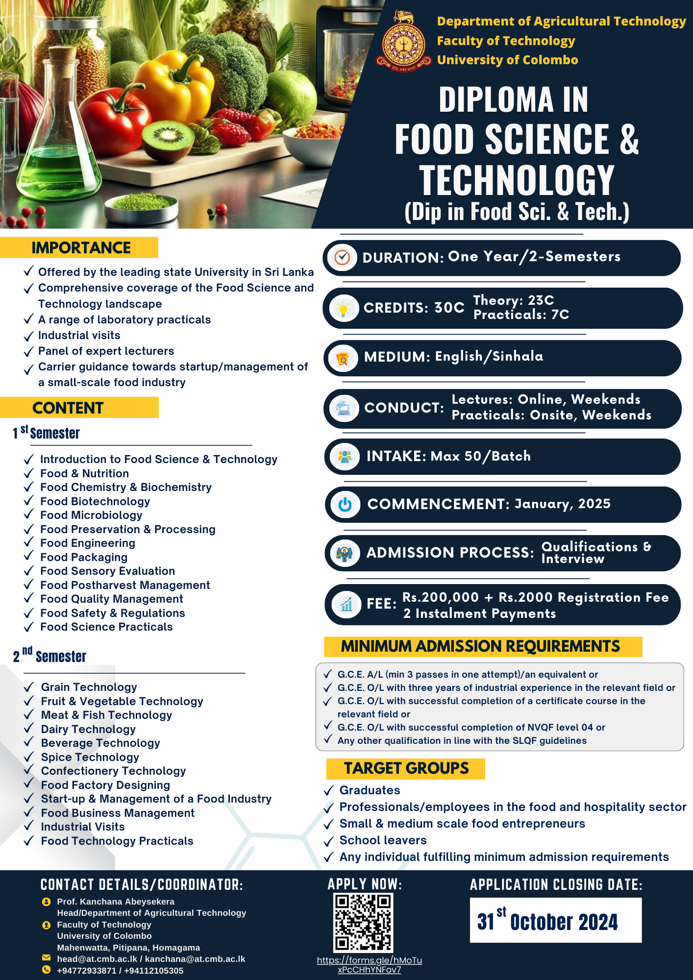 Diploma in Food Science Technology 2025 intake