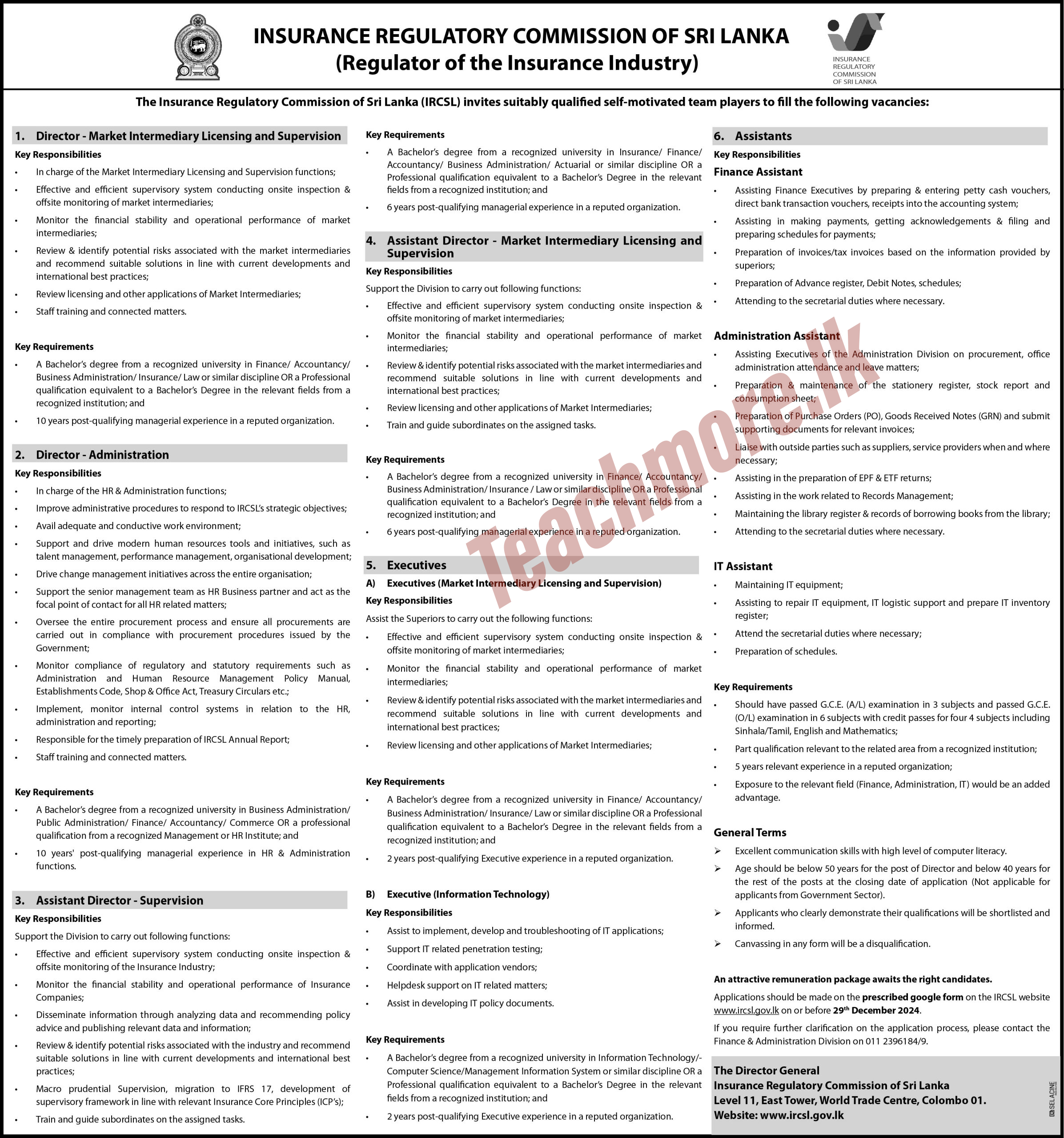 Insurance Regulatory Commission (IRCSL) Job Vacancies 2024