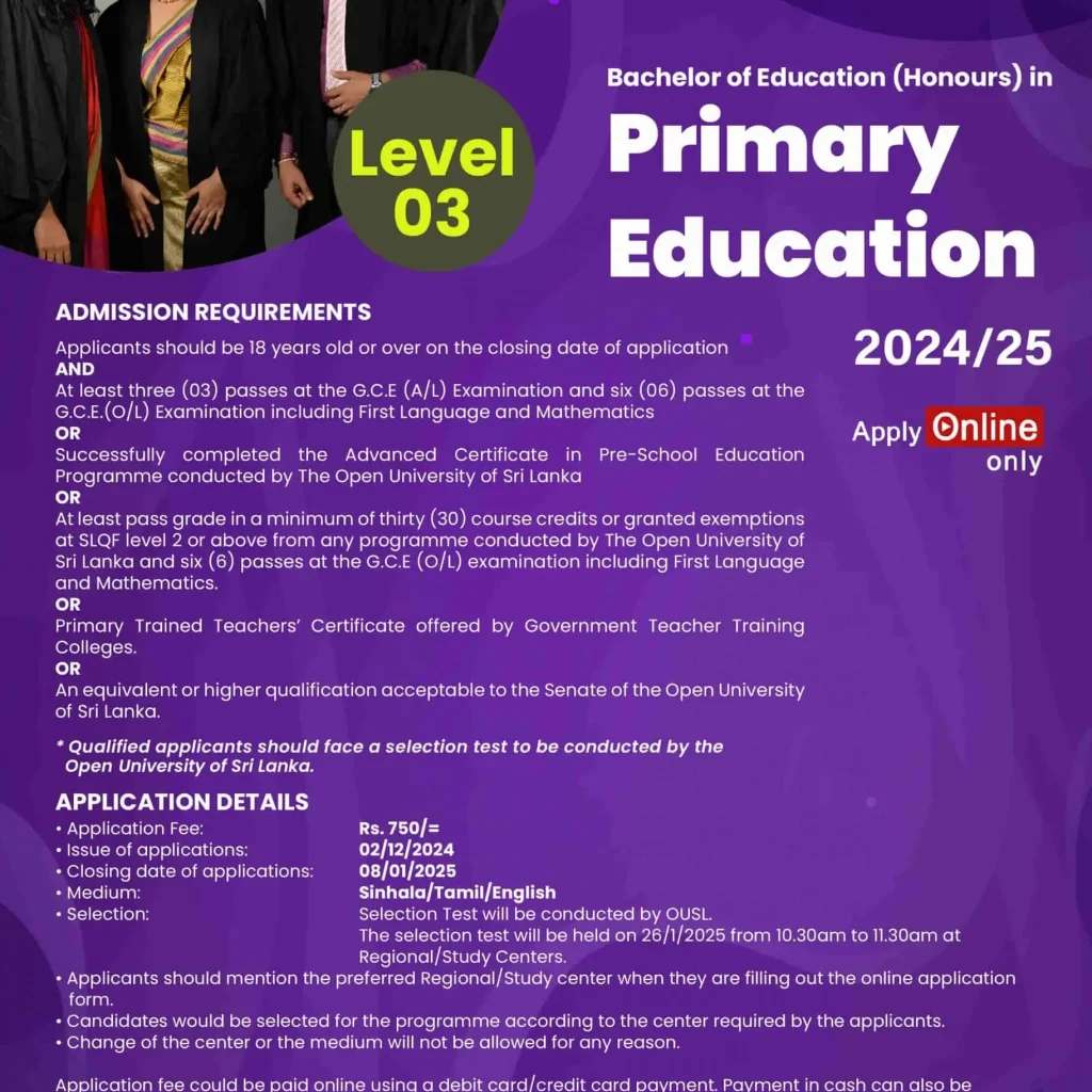 Bachelor of Education (Honours) in Primary Education (2024/25) at OUSL