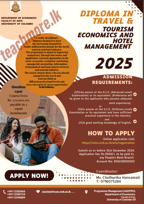 DIPLOMA IN TRAVEL & TOURISM ECONOMICS AND HOTEL MANAGEMENT 2025 - University of Colombo