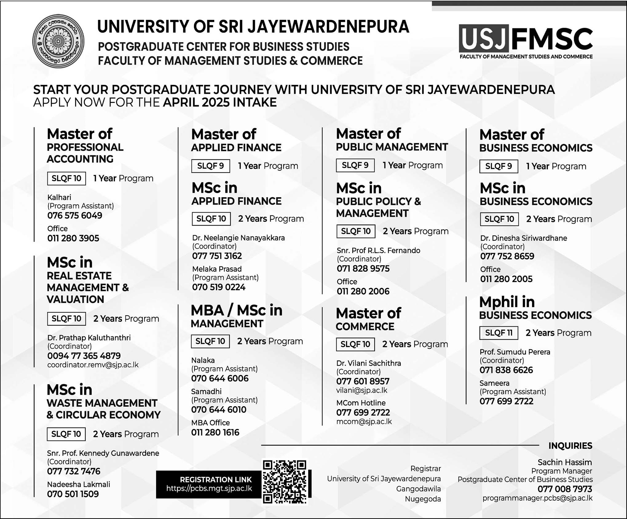 Postgraduate Programmes 2025 University of Sri Jayewardenepura ad