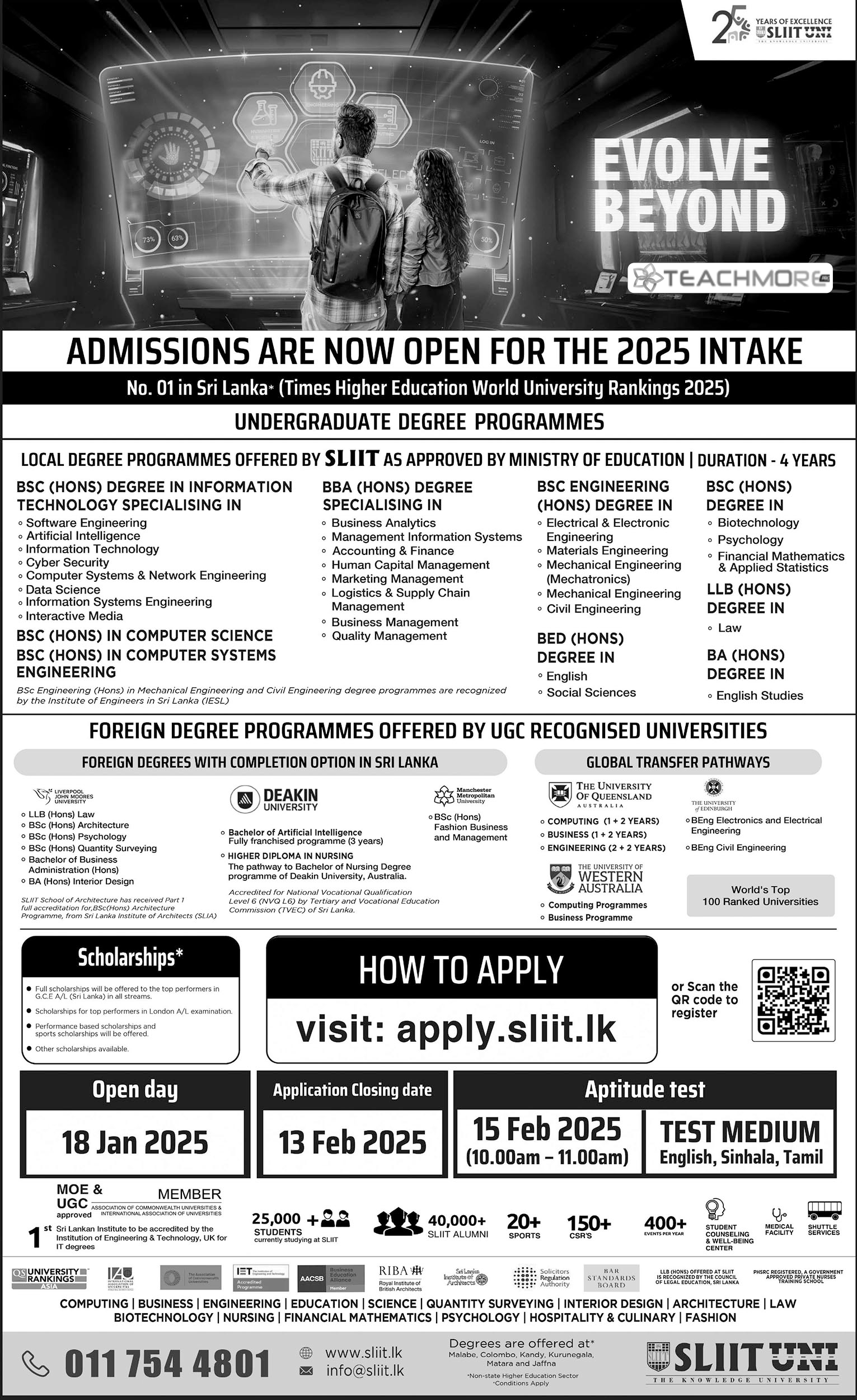 SLIIT Intake 2025 for Degree Programmes AD1