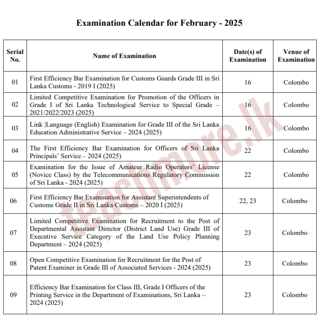 Examination Calendar for February 2025